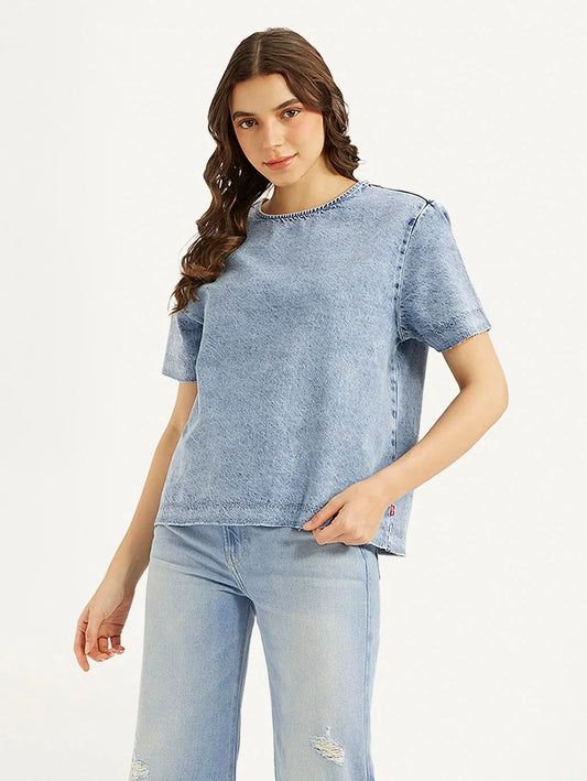Stylish Women’s Light Blue Solid Denim Top for Casual Wear