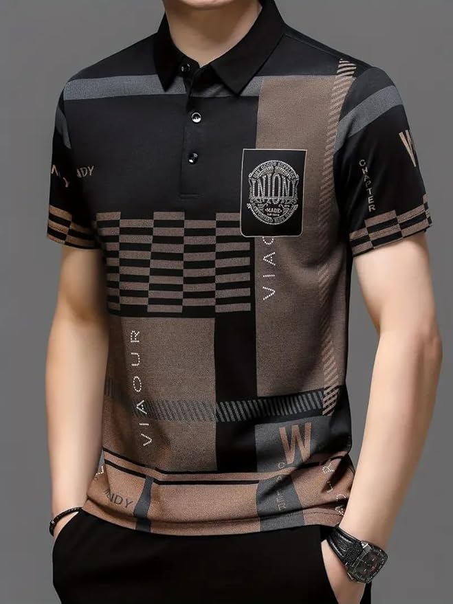 Everyday Wear Men’s Polo T-Shirt in Black with Geometric Print