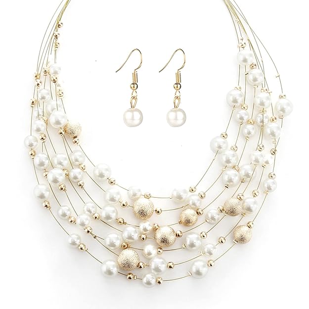 Multi Layer Beads Necklace with Earrings Gold Plated Fashion Jewellery