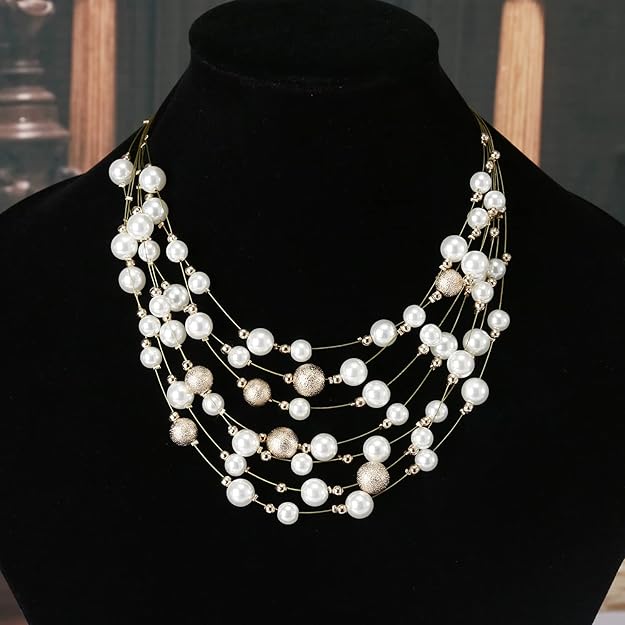 Multi Layer Beads Necklace with Earrings Gold Plated Fashion Jewellery