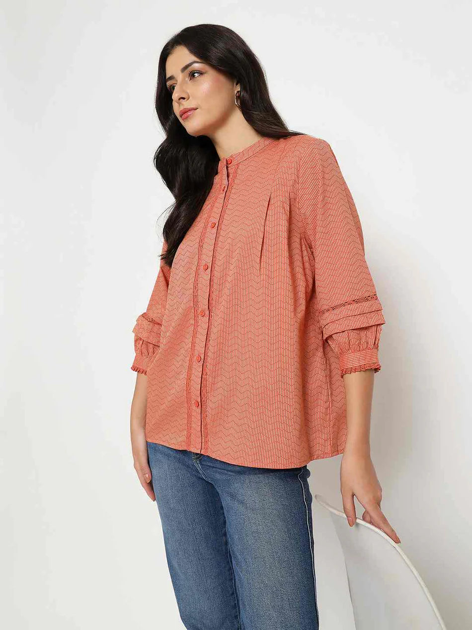 Modern Women’s Rust Red Striped Cotton Blend Top with Classic Styling for Daily Outfits