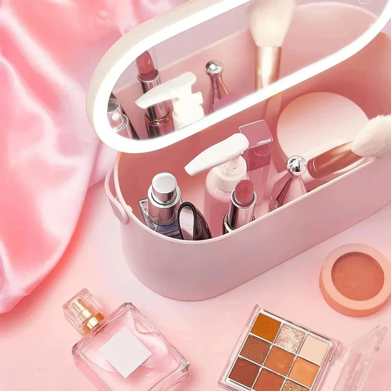 Makeup Storage Case with Detachable LED Mirror, Handle, and USB-C Rechargeable Design