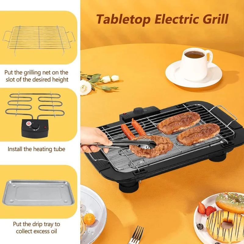 Indoor and Outdoor Electric Barbecue Grill with Adjustable Temperature and Easy-Clean Drip Tray