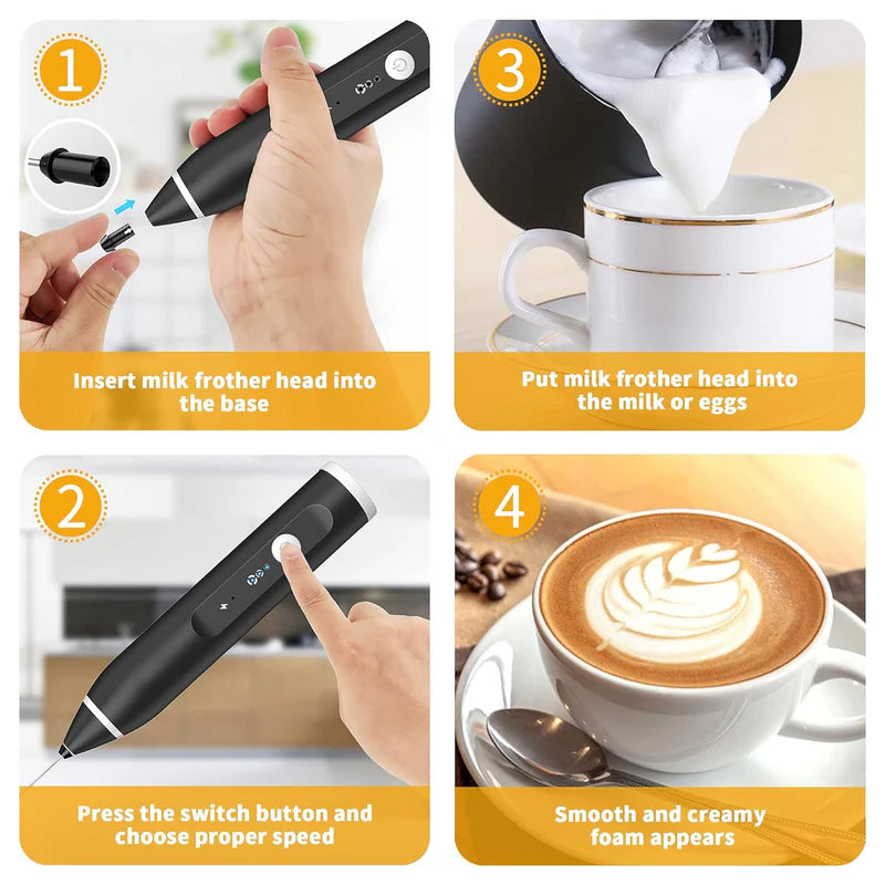 Powerful Handheld Rechargeable Milk Frother with 3 Speed Settings and 2 Attachments for Coffee Latte Hot Chocolate and Eggs
