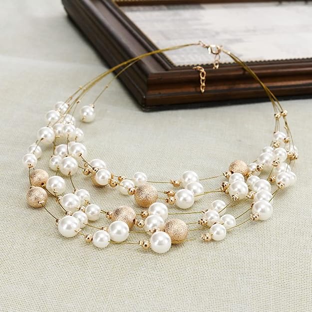 Multi Layer Beads Necklace with Earrings Gold Plated Fashion Jewellery