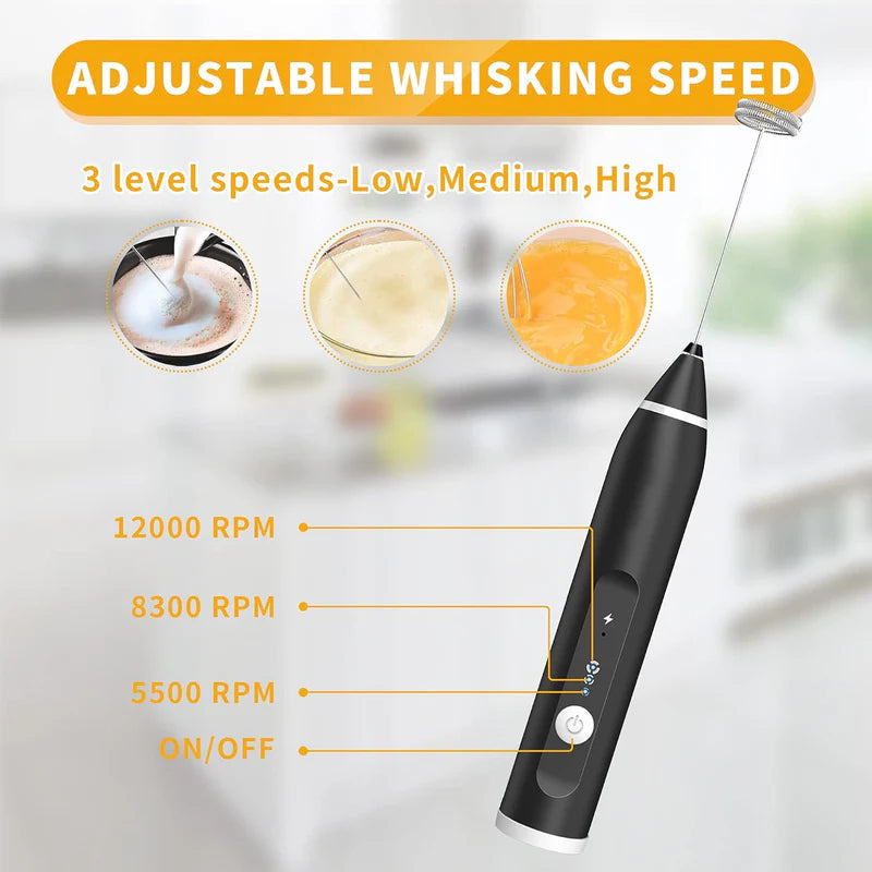 Powerful Handheld Rechargeable Milk Frother with 3 Speed Settings and 2 Attachments for Coffee Latte Hot Chocolate and Eggs