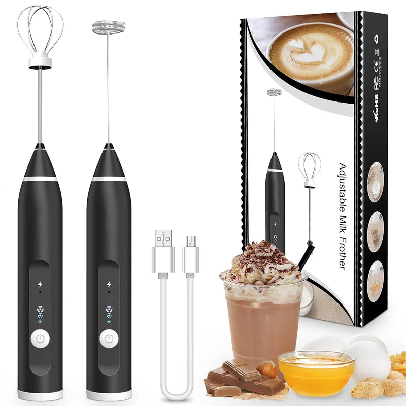 Powerful Handheld Rechargeable Milk Frother with 3 Speed Settings and 2 Attachments for Coffee Latte Hot Chocolate and Eggs