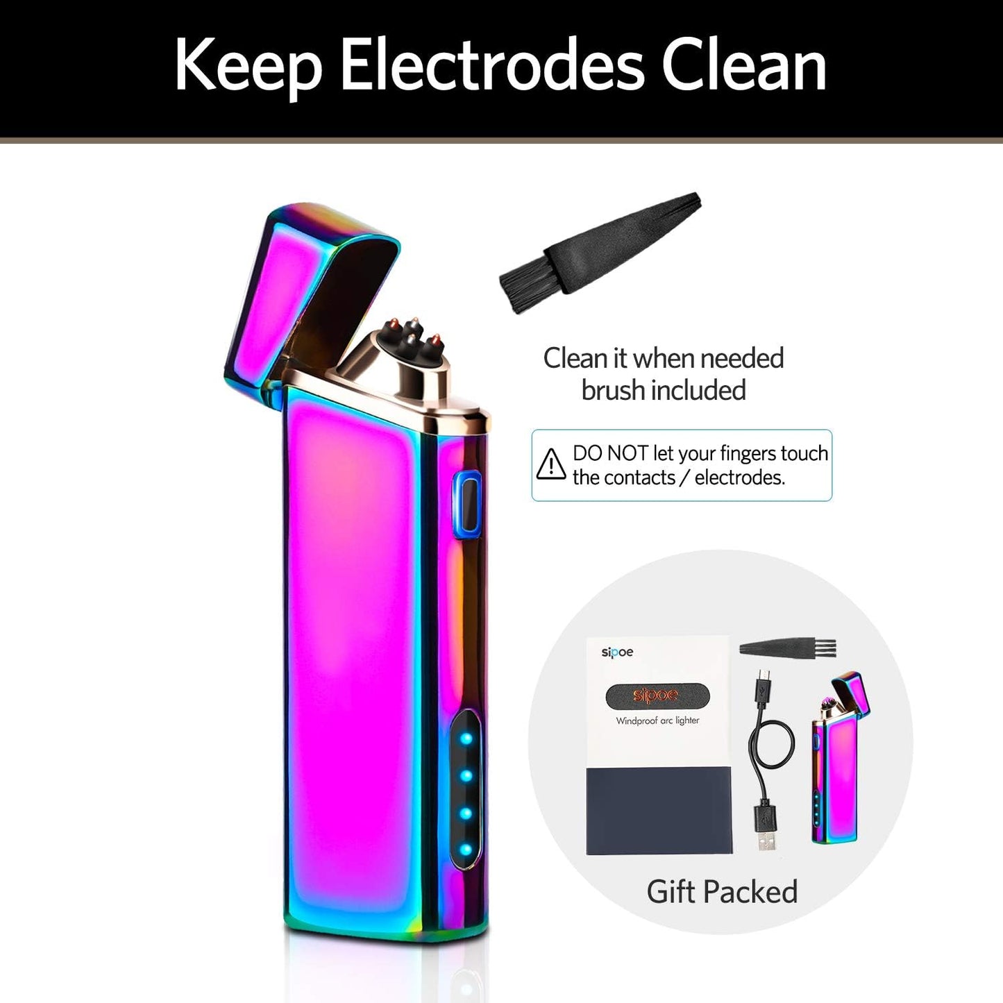 USB Rechargeable Plasma Lighter with Windproof Electric Arc and Battery Indicator, Multicolor
