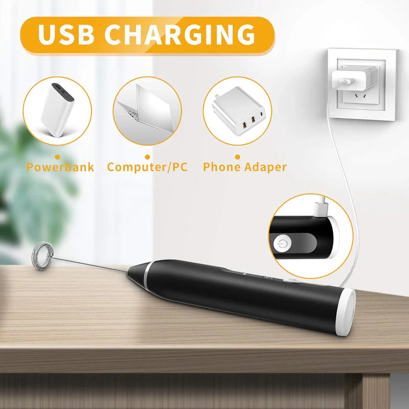 Powerful Handheld Rechargeable Milk Frother with 3 Speed Settings and 2 Attachments for Coffee Latte Hot Chocolate and Eggs