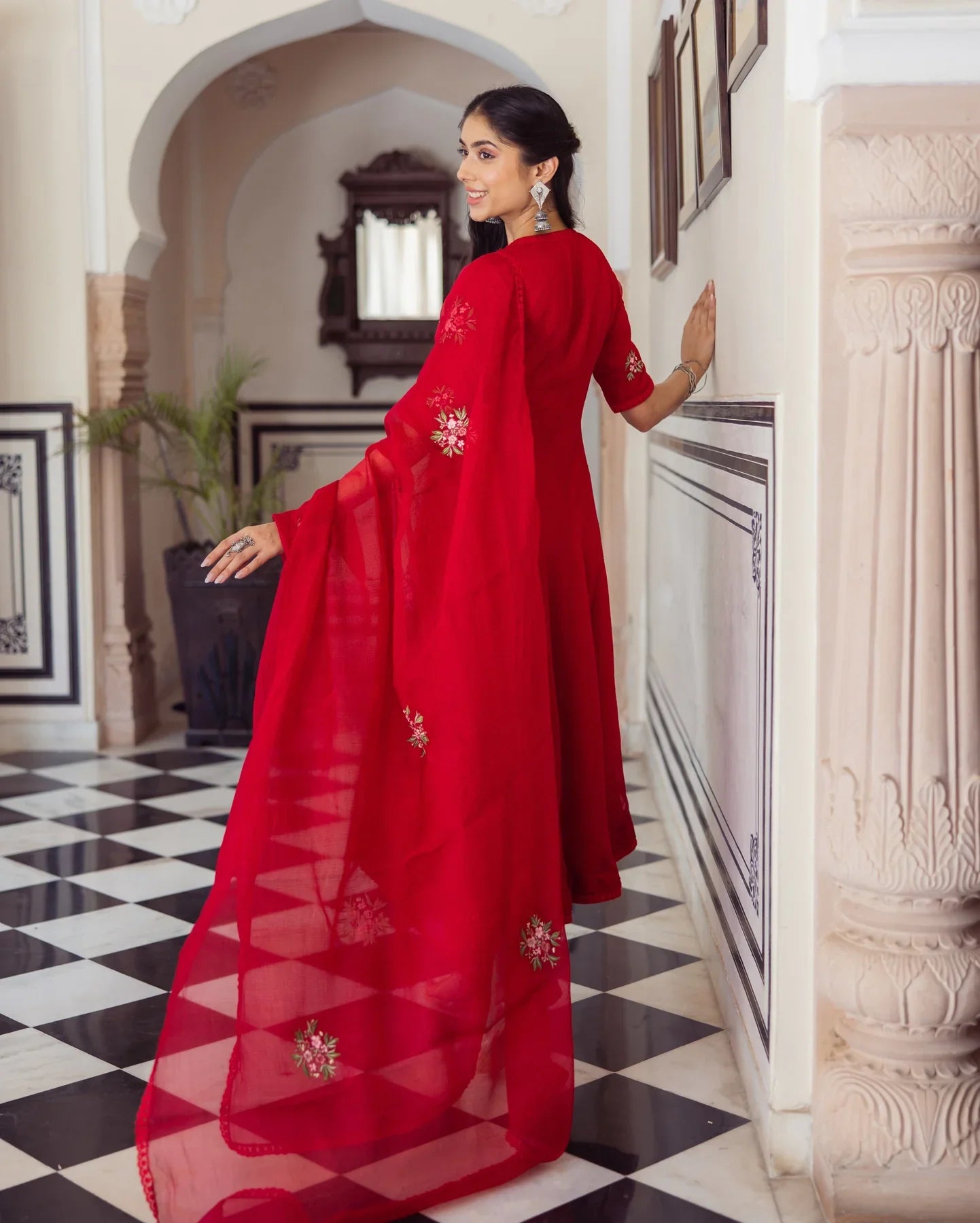 Premium Ruby Red Embroidered Doria Kurti Set with Dupatta for Elegant Styling