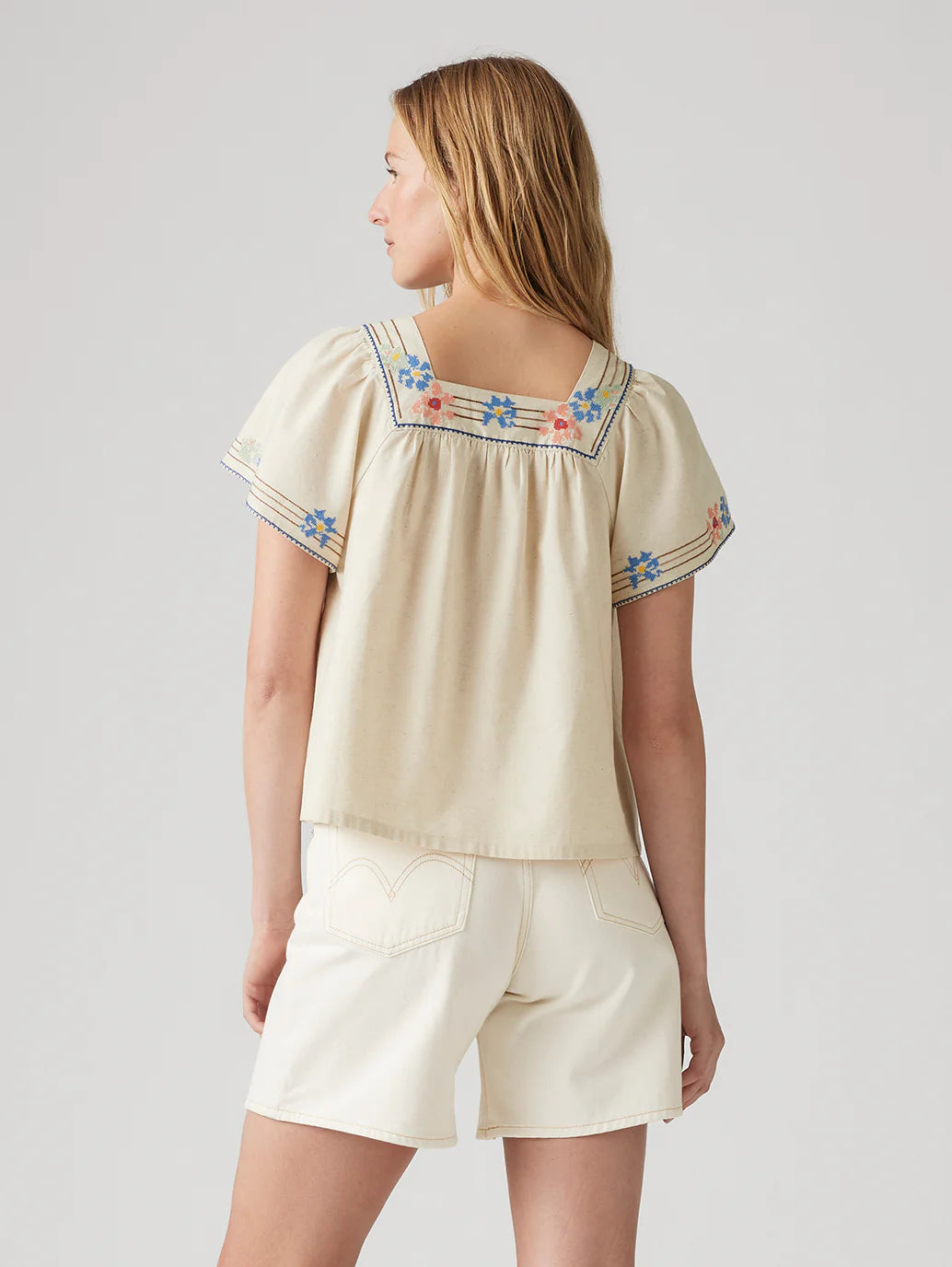 Casual Women’s Embroidered Top in Cream with Square Neck for Daily and Office Wear
