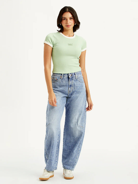 Women Light Blue Barrel Fit Mid Rise Baggy Dad Jeans with Fashionable Casual Look
