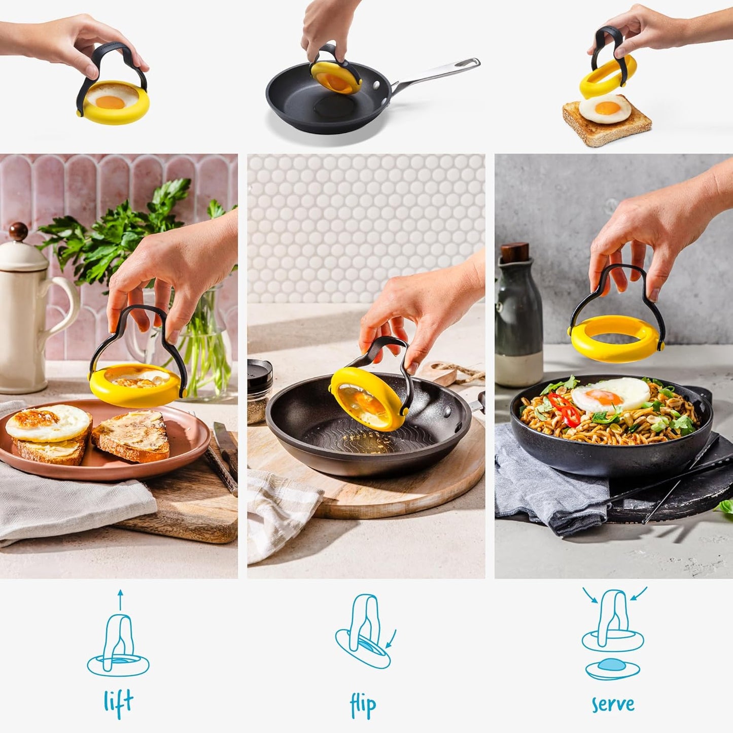 Dreamfarm Flegg 3-in-1 Egg Rings Flippers and Servers Flexible Silicone Non-Stick Safe Set of 2 Yellow/Black