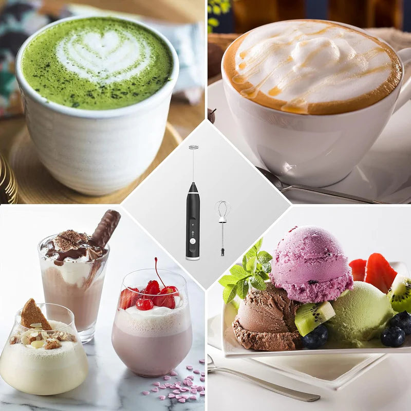 Powerful Handheld Rechargeable Milk Frother with 3 Speed Settings and 2 Attachments for Coffee Latte Hot Chocolate and Eggs