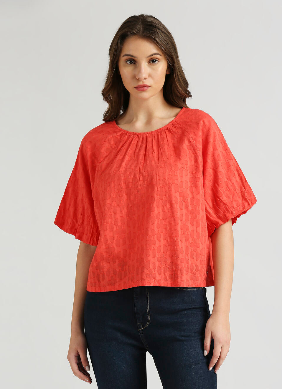 Fashionable Red Raglan Puff Sleeve Self Design Top for Women