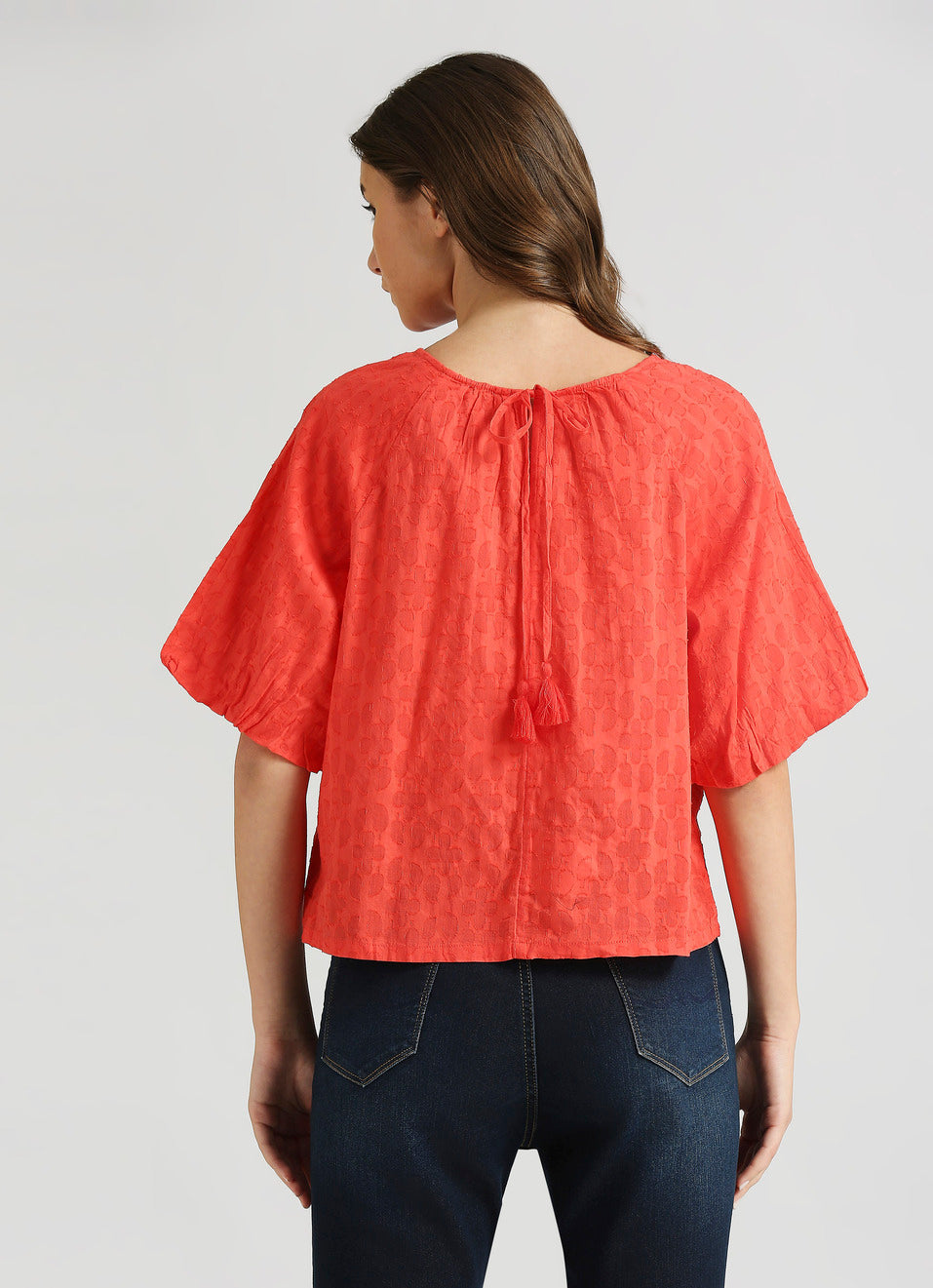 Fashionable Red Raglan Puff Sleeve Self Design Top for Women