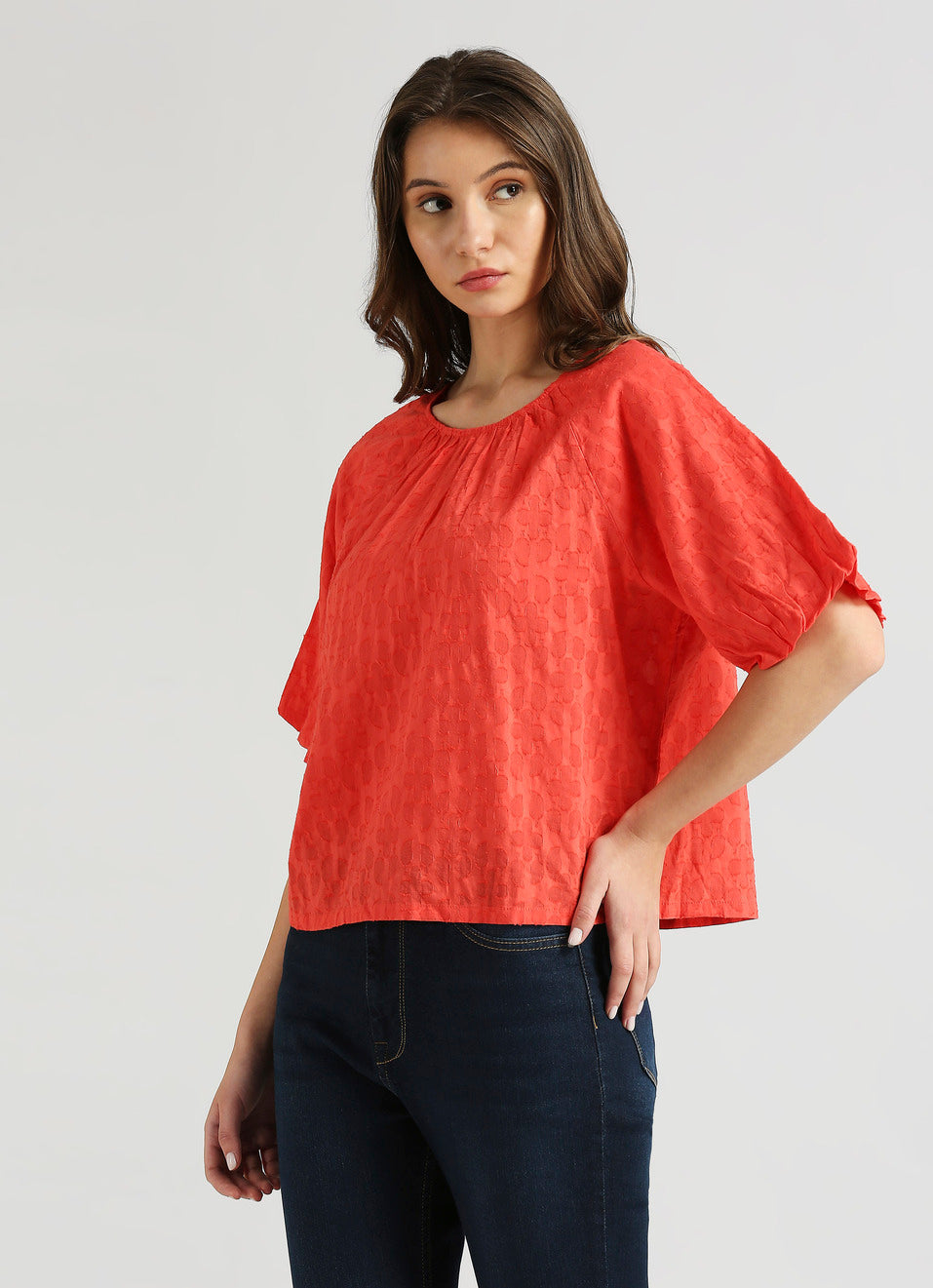 Fashionable Red Raglan Puff Sleeve Self Design Top for Women