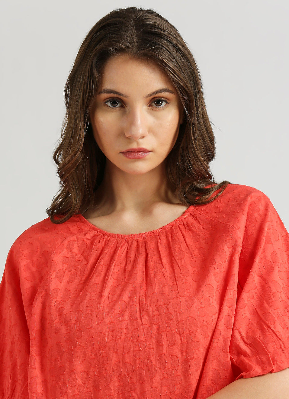 Fashionable Red Raglan Puff Sleeve Self Design Top for Women