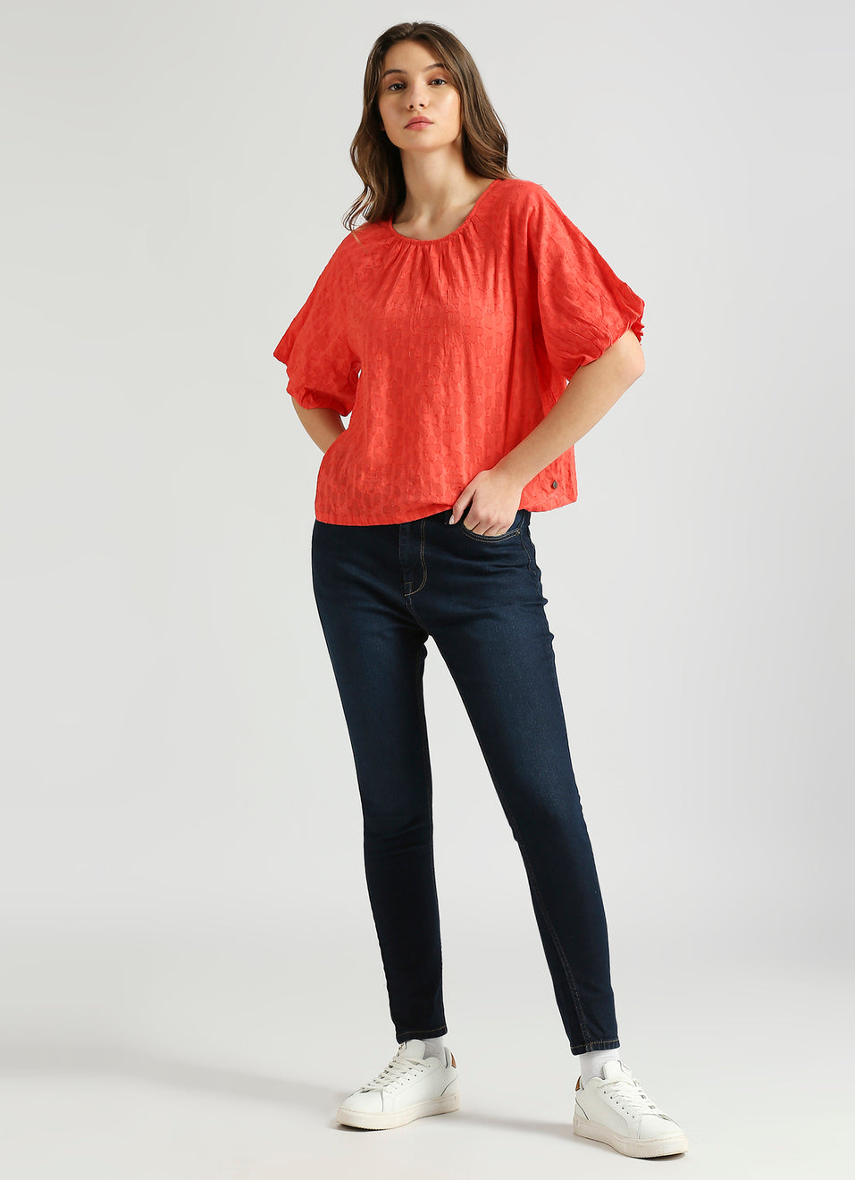 Fashionable Red Raglan Puff Sleeve Self Design Top for Women