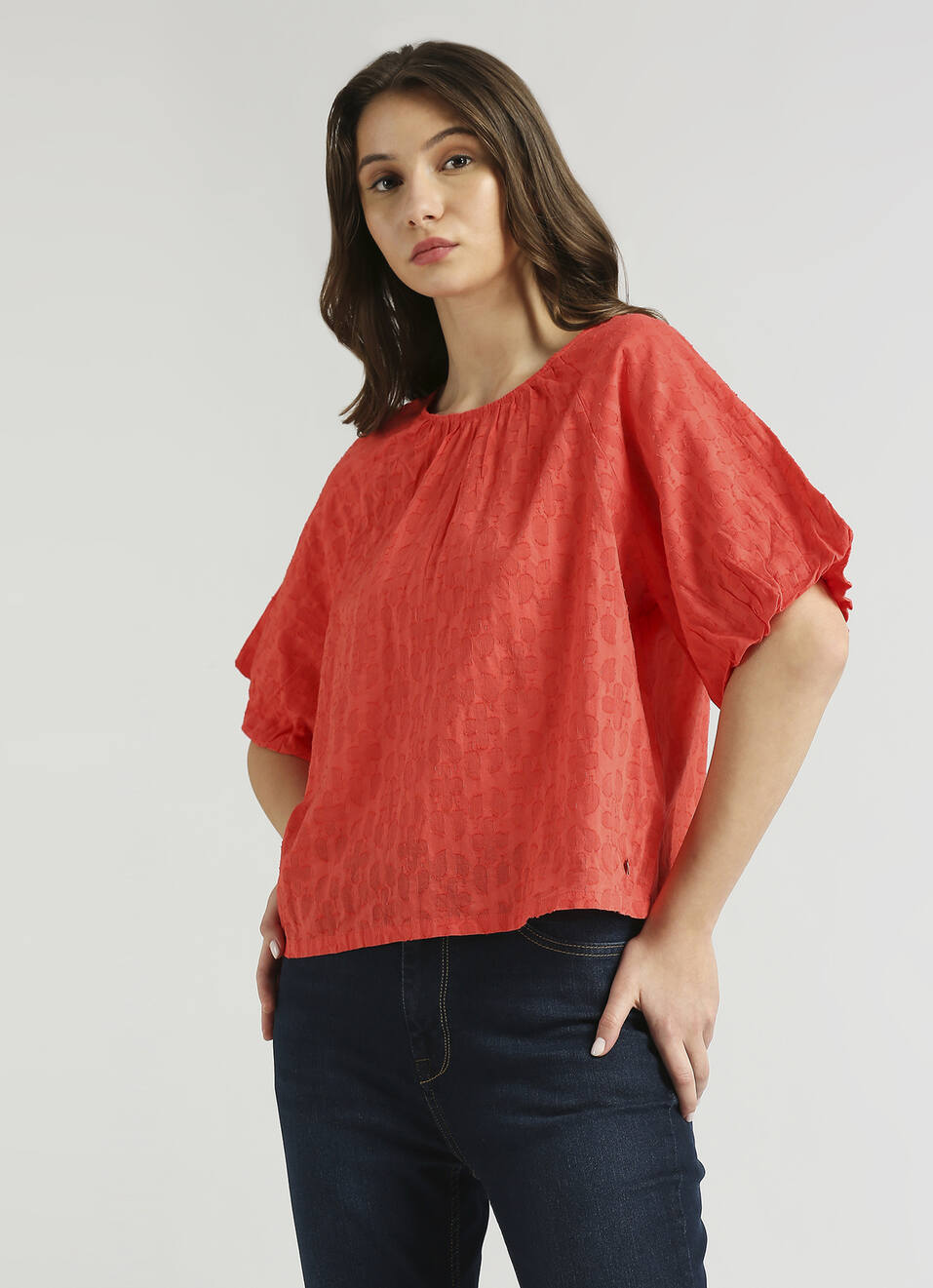 Fashionable Red Raglan Puff Sleeve Self Design Top for Women