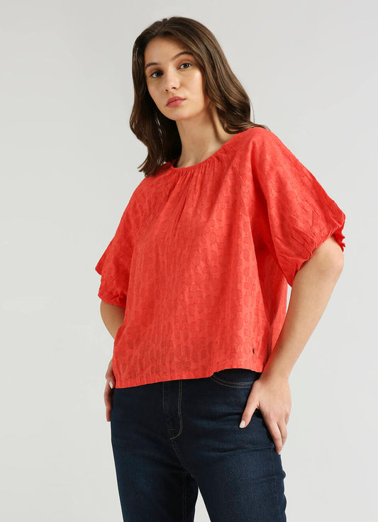 Fashionable Red Raglan Puff Sleeve Self Design Top for Women
