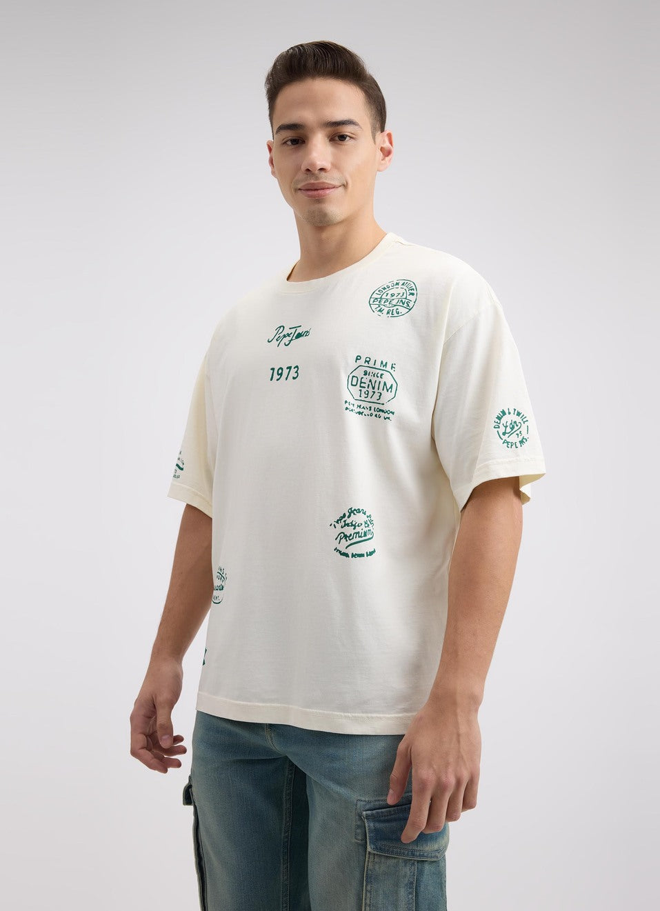 Men’s Relaxed Fit Off White Oversized Graphic Print Cotton T-Shirt
