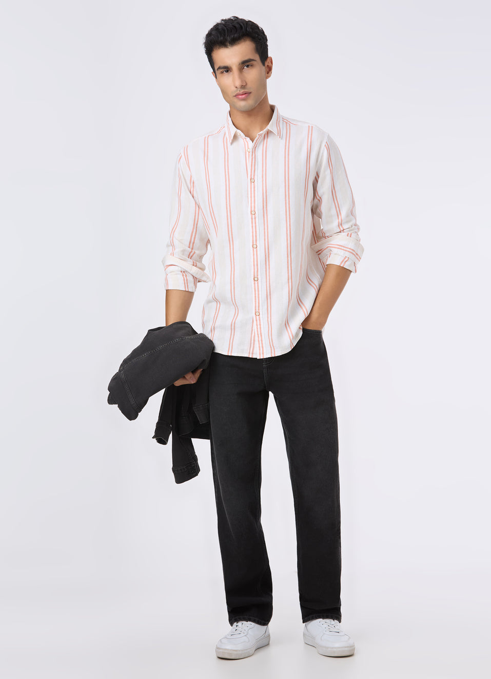 Comfortable Men Natural Beige Stripe Full Sleeve Shirt with Soft Cotton Material