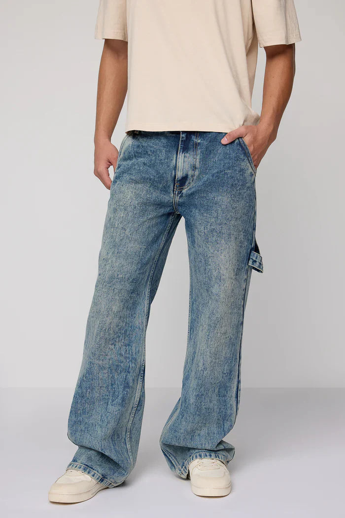 Mens Relaxed Fit Carpenter Jeans in Nexus Blue with Durable Utility Pockets