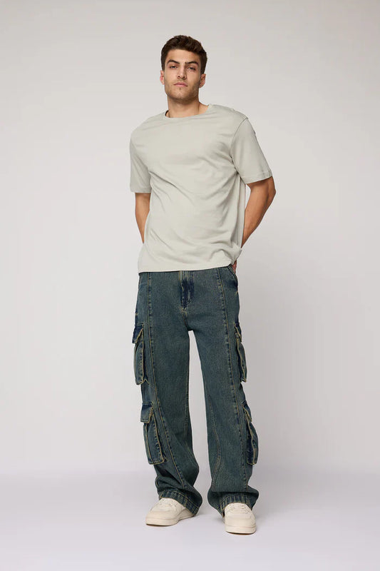 Casual Rugged Ocean Blue Cargo Jeans for Men with Baggy Straight Fit and Multiple Pockets