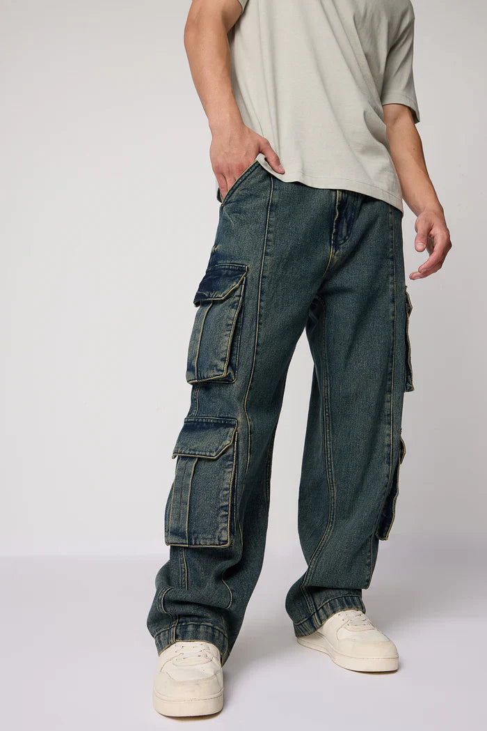 Casual Rugged Ocean Blue Cargo Jeans for Men with Baggy Straight Fit and Multiple Pockets