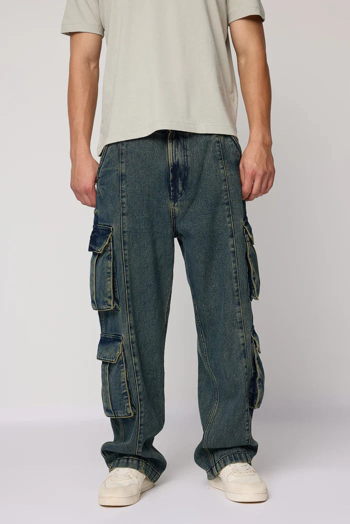 Casual Rugged Ocean Blue Cargo Jeans for Men with Baggy Straight Fit and Multiple Pockets