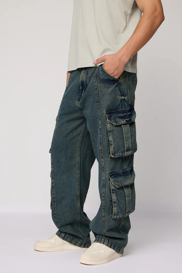 Casual Rugged Ocean Blue Cargo Jeans for Men with Baggy Straight Fit and Multiple Pockets