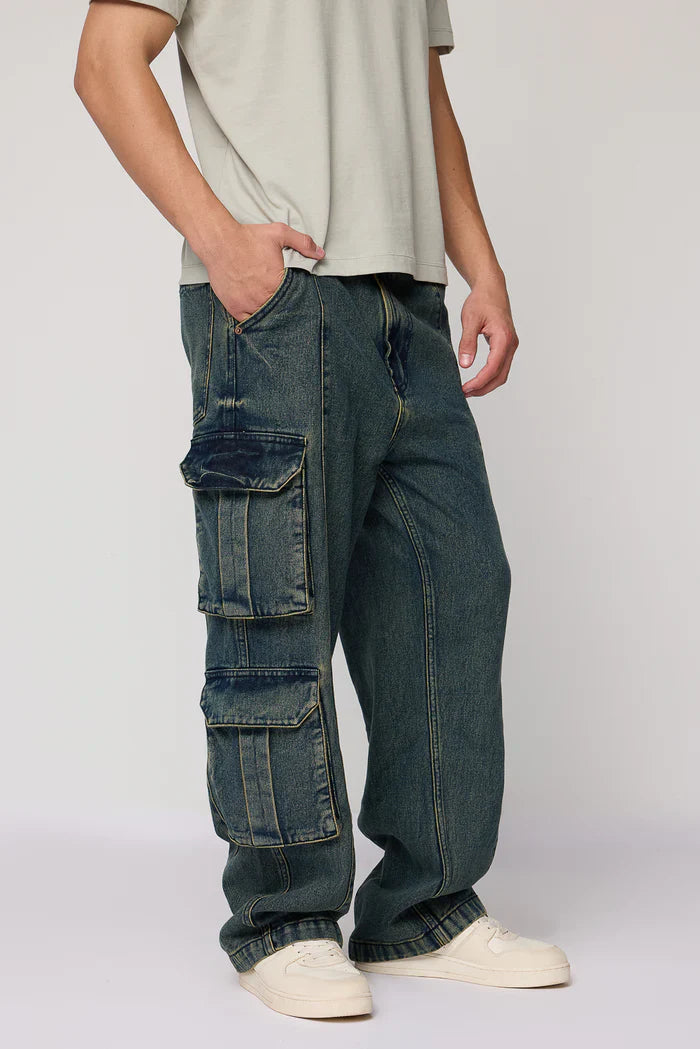 Casual Rugged Ocean Blue Cargo Jeans for Men with Baggy Straight Fit and Multiple Pockets