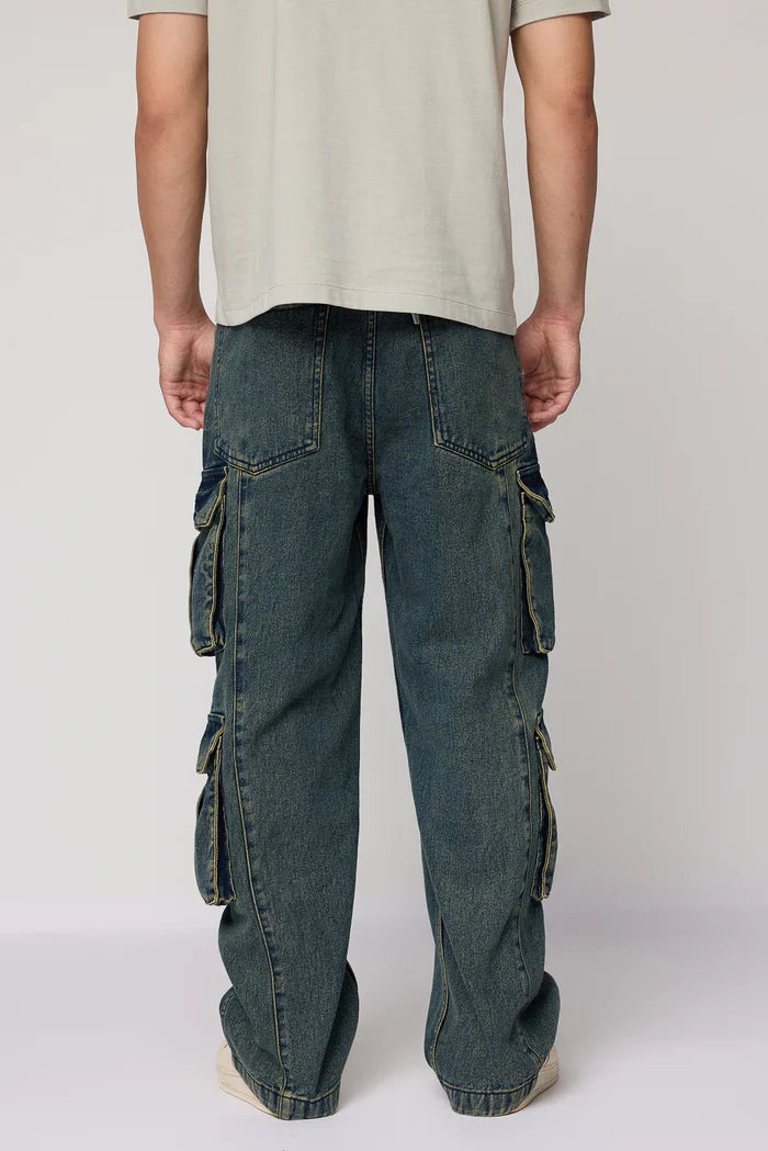 Casual Rugged Ocean Blue Cargo Jeans for Men with Baggy Straight Fit and Multiple Pockets