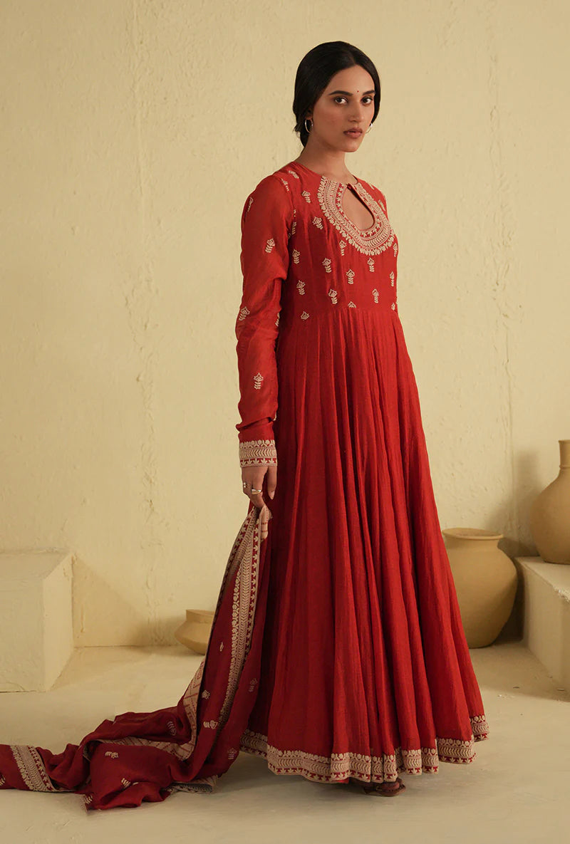 Traditional Red Kalidar Noorie Kurta Set with Elegant Design