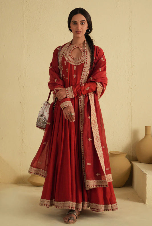 Traditional Red Kalidar Noorie Kurta Set with Elegant Design