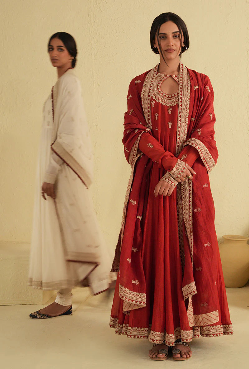 Traditional Red Kalidar Noorie Kurta Set with Elegant Design