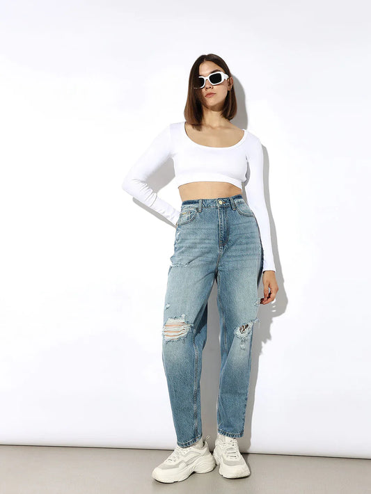 Women's Blue Distressed Slouchy Fit Jeans – Relaxed Casual Denim with Ripped Detailing and Vintage Wash