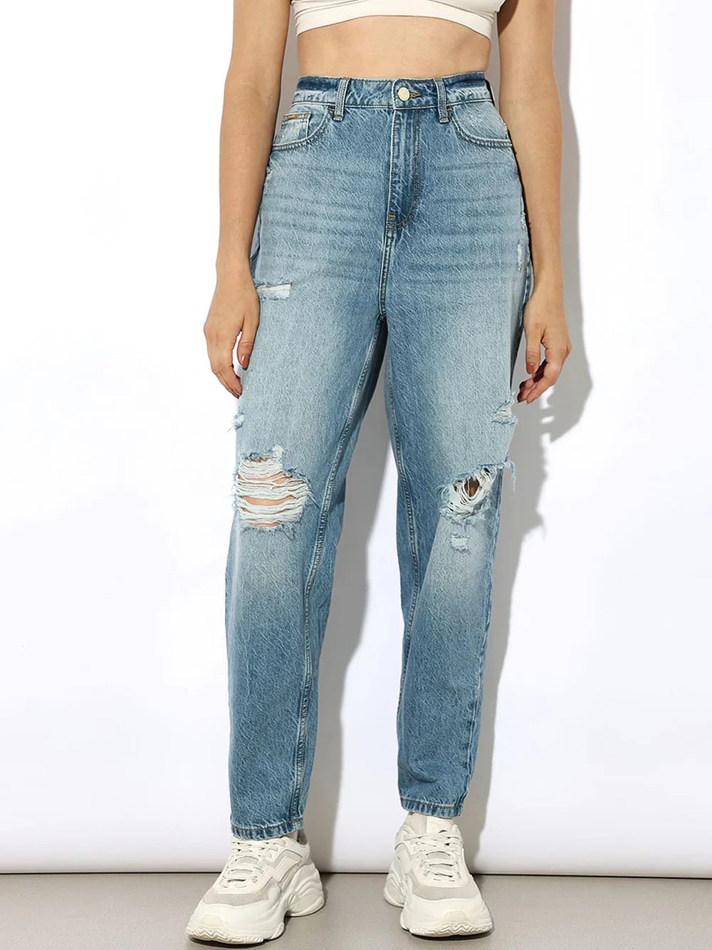 Women's Blue Distressed Slouchy Fit Jeans – Relaxed Casual Denim with Ripped Detailing and Vintage Wash