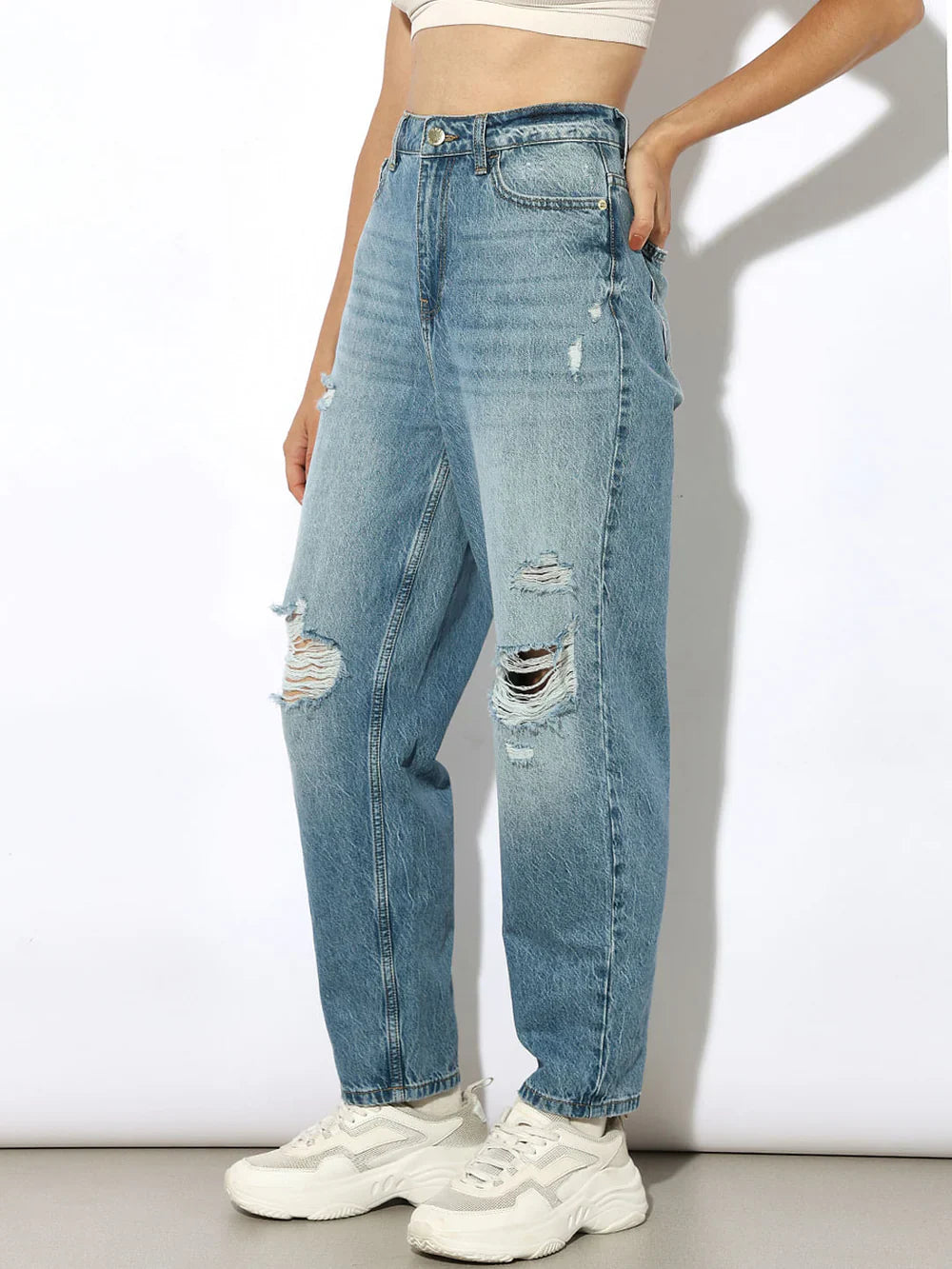 Women's Blue Distressed Slouchy Fit Jeans – Relaxed Casual Denim with Ripped Detailing and Vintage Wash