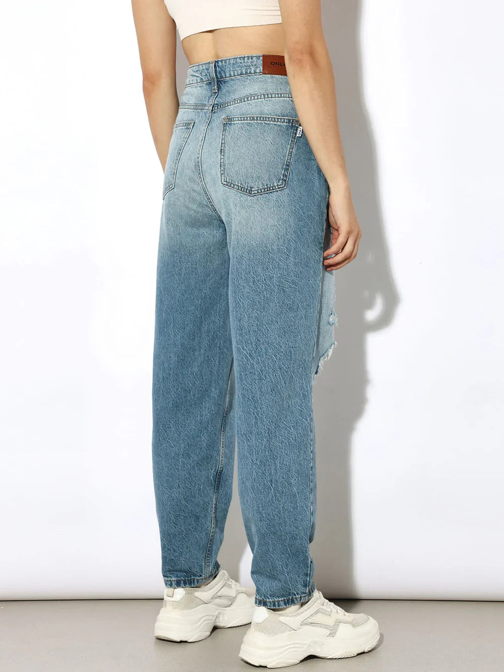 Women's Blue Distressed Slouchy Fit Jeans – Relaxed Casual Denim with Ripped Detailing and Vintage Wash