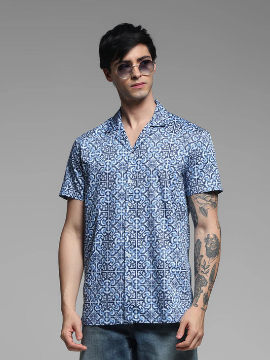 Casual Blue Printed Shirt for Men Perfect for Indoor and Outdoor Wear