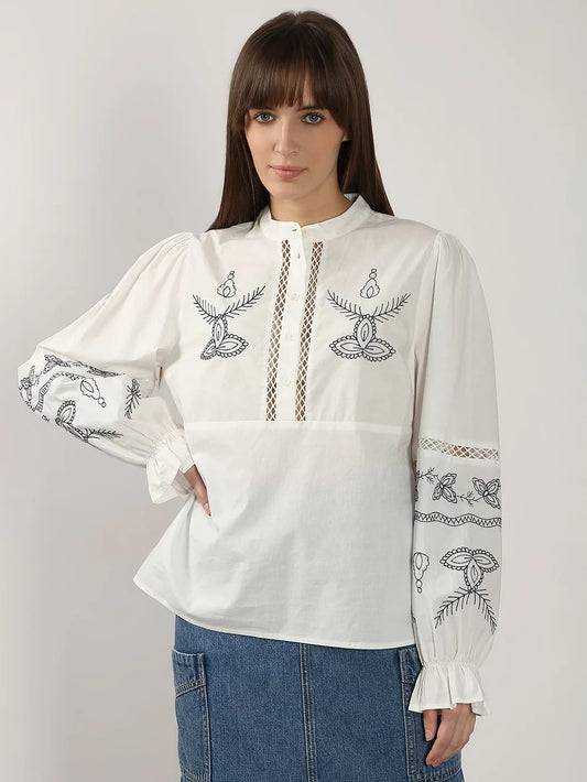 Fashionable Women’s White Embroidered Cotton Top with Lightweight Fabric for Daily Use