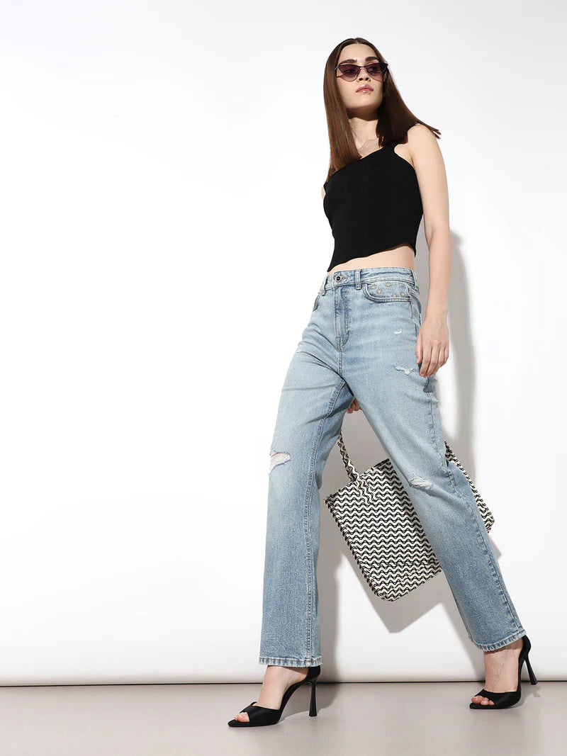 Women’s Light Blue Mildly Distressed Straight Fit Denim Pants for Everyday Outfits