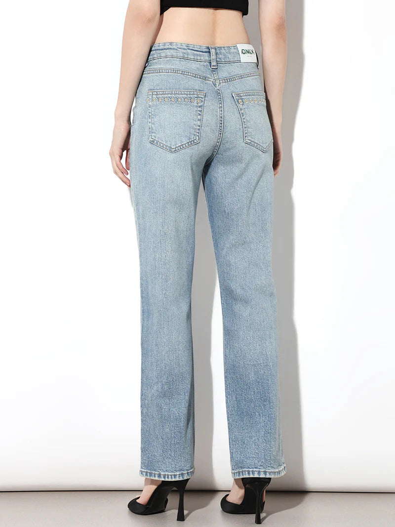 Women’s Light Blue Mildly Distressed Straight Fit Denim Pants for Everyday Outfits