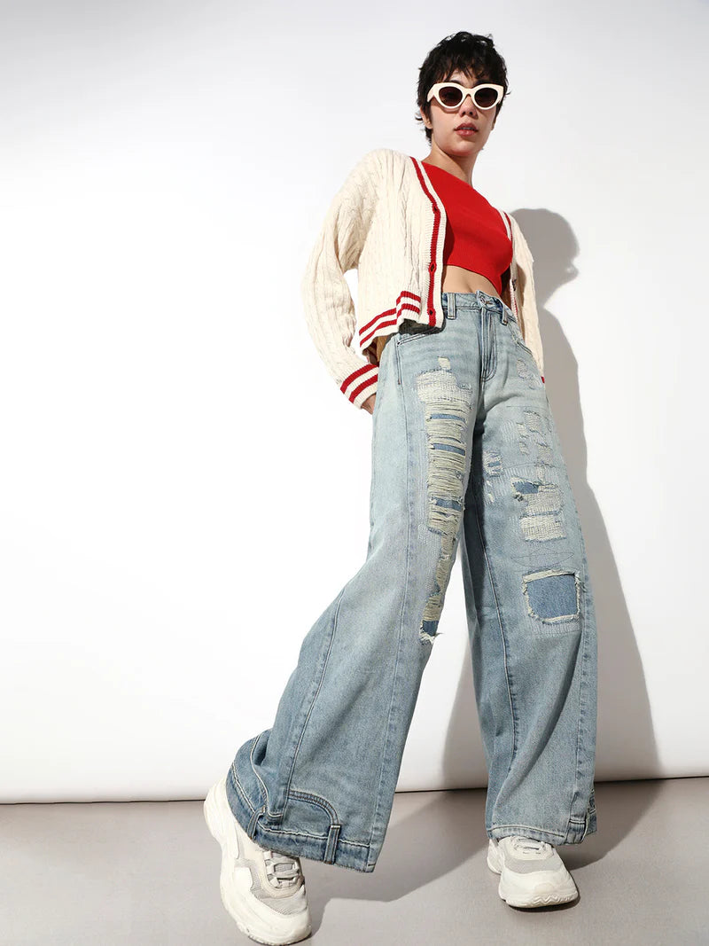 Blue Worn Out Wide Leg Jeans for Women Stylish and Trendy