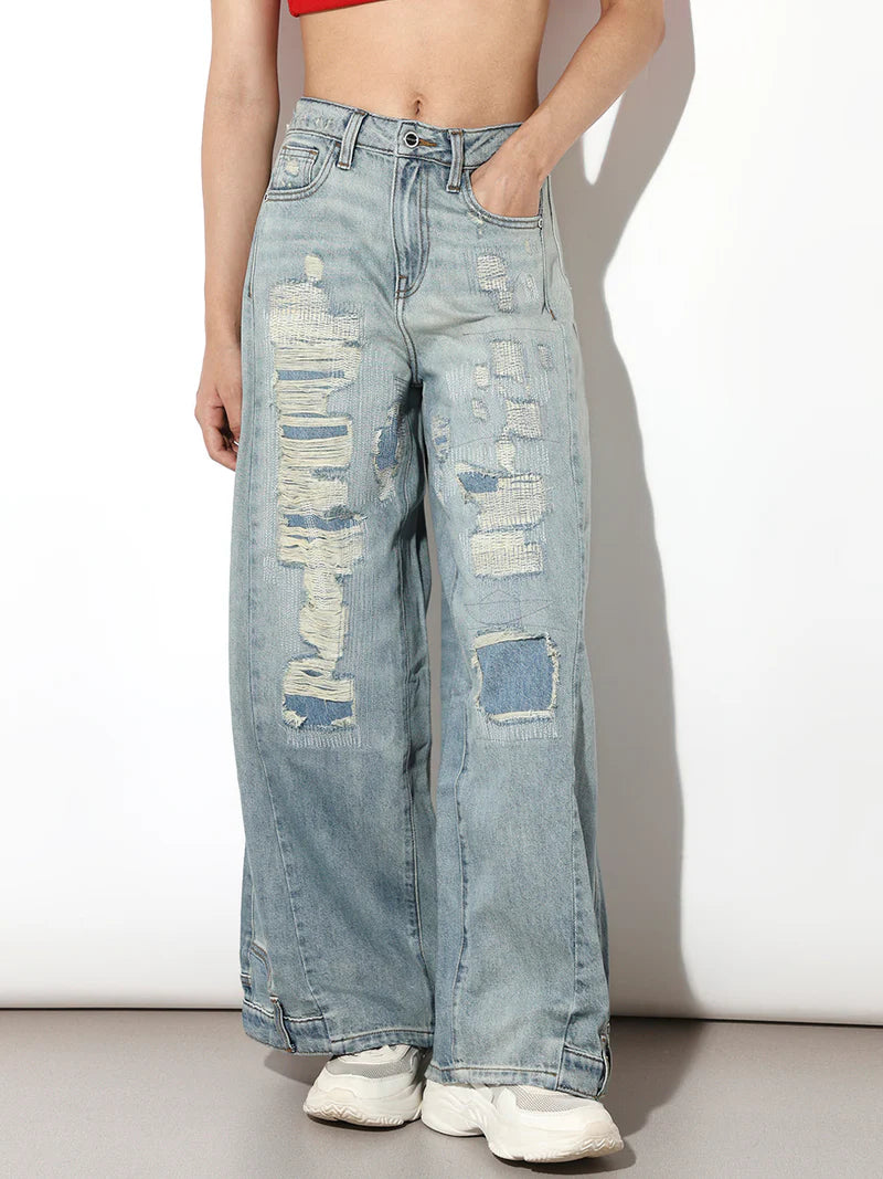 Blue Worn Out Wide Leg Jeans for Women Stylish and Trendy