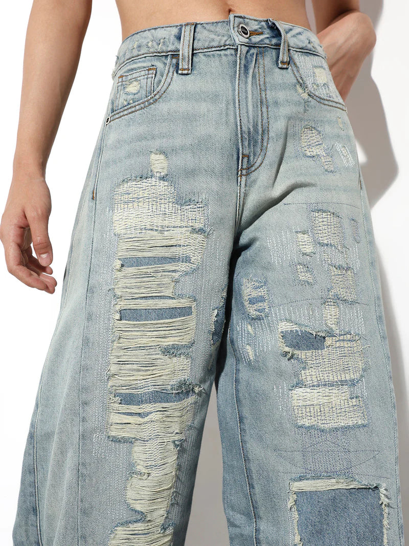 Blue Worn Out Wide Leg Jeans for Women Stylish and Trendy