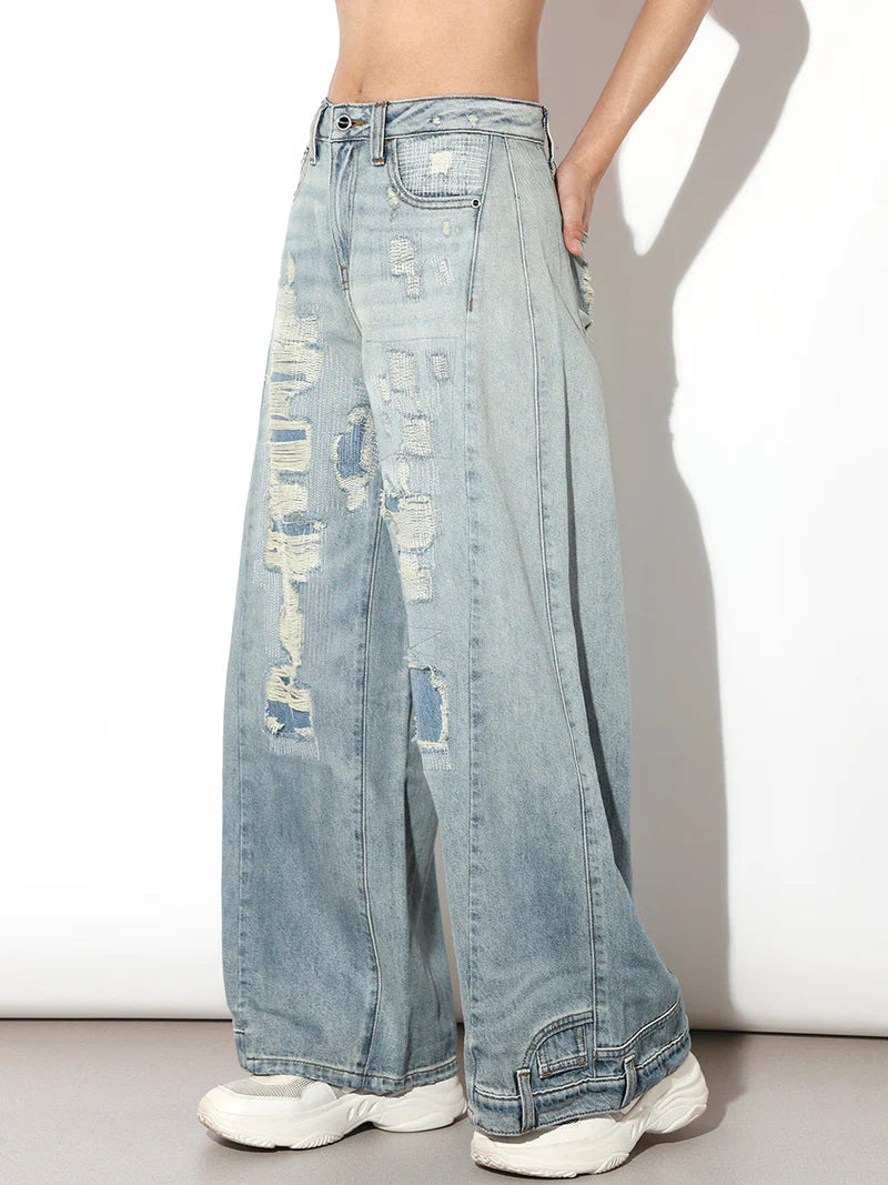 Blue Worn Out Wide Leg Jeans for Women Stylish and Trendy