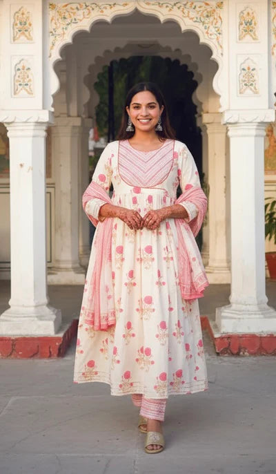 Soft Fabric White and Pink Floral Anarkali Kurta with Matching Pants and Dupatta